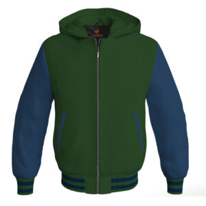 Bomber Hoodie Jacket Varsity Jacket Letterman Jacket Baseball Jacket Forest Green Body and Navy Blue Leather Sleeves