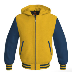 Bomber Hoodie Jacket Varsity Jacket Letterman Jacket Baseball Jacket Yellow/Gold Body and Navy Blue Leather Sleeves