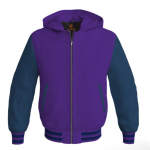 Bomber Hoodie Jacket Varsity Jacket Letterman Jacket Baseball Jacket Purple Body and Navy Blue Leather Sleeves