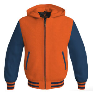 Bomber Hoodie Jacket Varsity Jacket Letterman Jacket Baseball Jacket Orange Body and Navy Blue Leather Sleeves