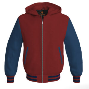 Bomber Hoodie Jacket Varsity Jacket Letterman Jacket Baseball Jacket Maroon Body and Navy Blue Leather Sleeves