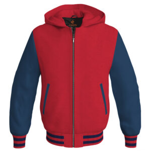 Bomber Hoodie Jacket Varsity Jacket Letterman Jacket Baseball Jacket Red Body and Navy Blue Leather Sleeves