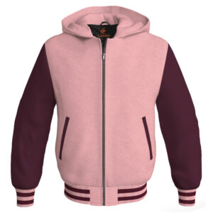 Bomber Hoodie Jacket Varsity Jacket Letterman Jacket Baseball Jacket Pink Body and Maroon Leather Sleeves