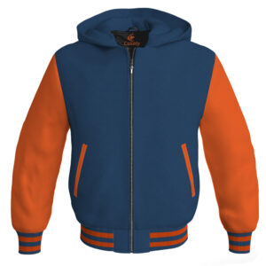 Bomber Hoodie Jacket Varsity Jacket Letterman Jacket Baseball Jacket Navy Blue Body and Orange Leather Sleeves