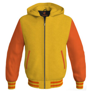 Bomber Hoodie Jacket Varsity Jacket Letterman Jacket Baseball Jacket Yellow/Gold Body and Orange Leather Sleeves