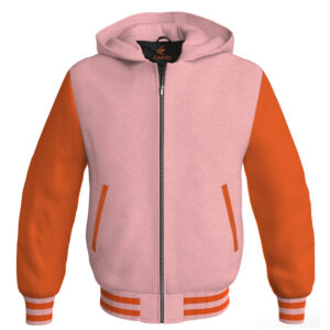 Bomber Hoodie Jacket Varsity Jacket Letterman Jacket Baseball Jacket Pink Body and Orange Leather Sleeves