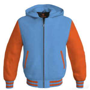 Bomber Hoodie Jacket Varsity Jacket Letterman Jacket Baseball Jacket Sky Blue Body and Orange Leather Sleeves