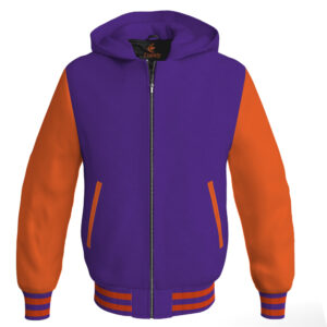 Bomber Hoodie Jacket Varsity Jacket Letterman Jacket Baseball Jacket Purple Body and Orange Leather Sleeves
